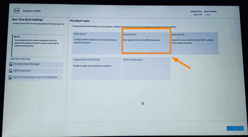 Dell Diagnostic tab in Boot menu